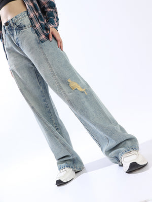 High Star Comfort Wide Leg High-Rise Highly Distressed Heavy Fade Cotton Jeans