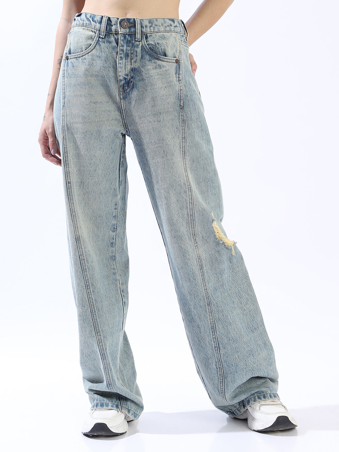 High Star Comfort Wide Leg High-Rise Highly Distressed Heavy Fade Cotton Jeans