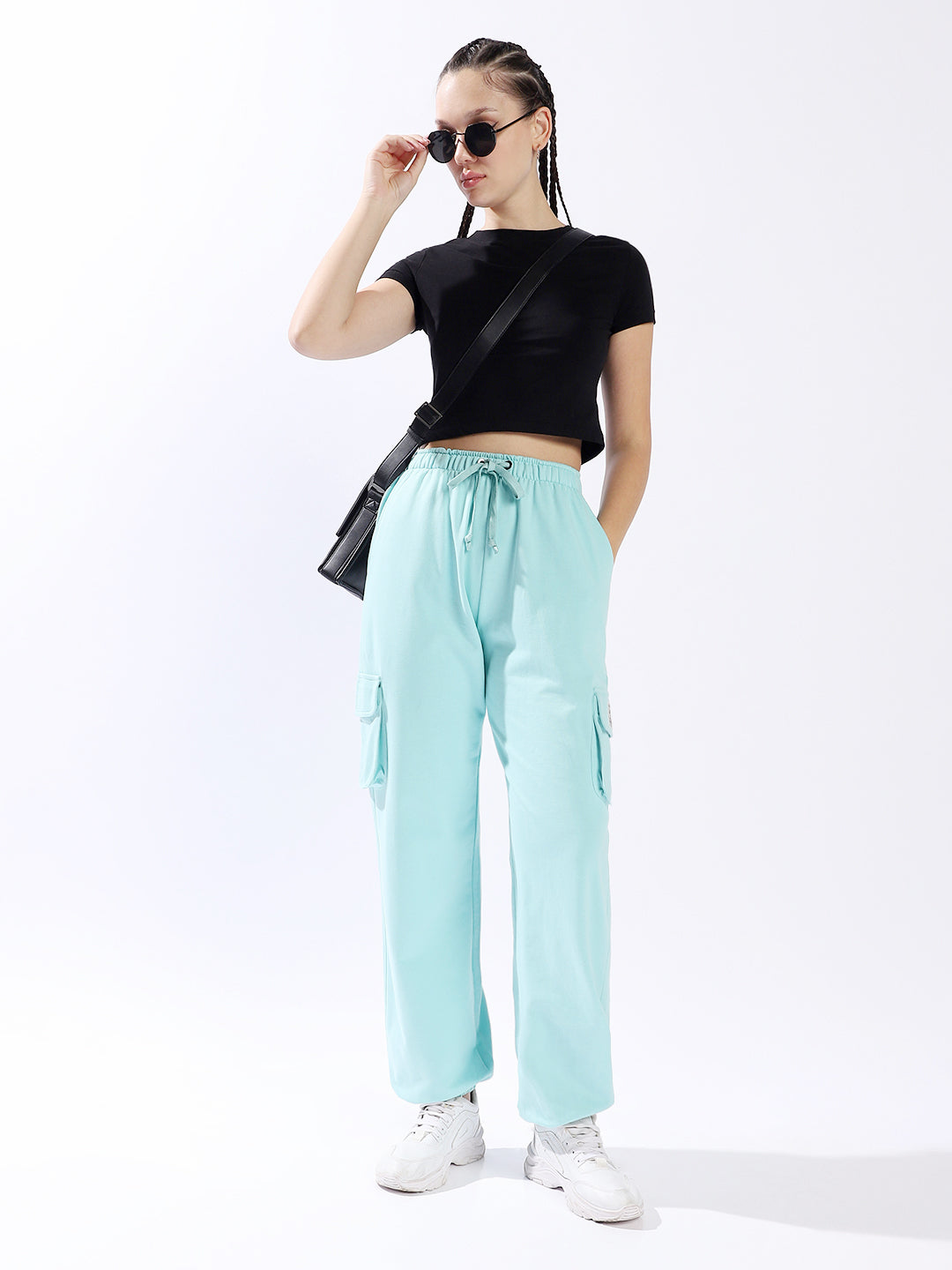 High Star Women Solid Knitted Jogger Loose Fit High-Rise Casual Trackpants