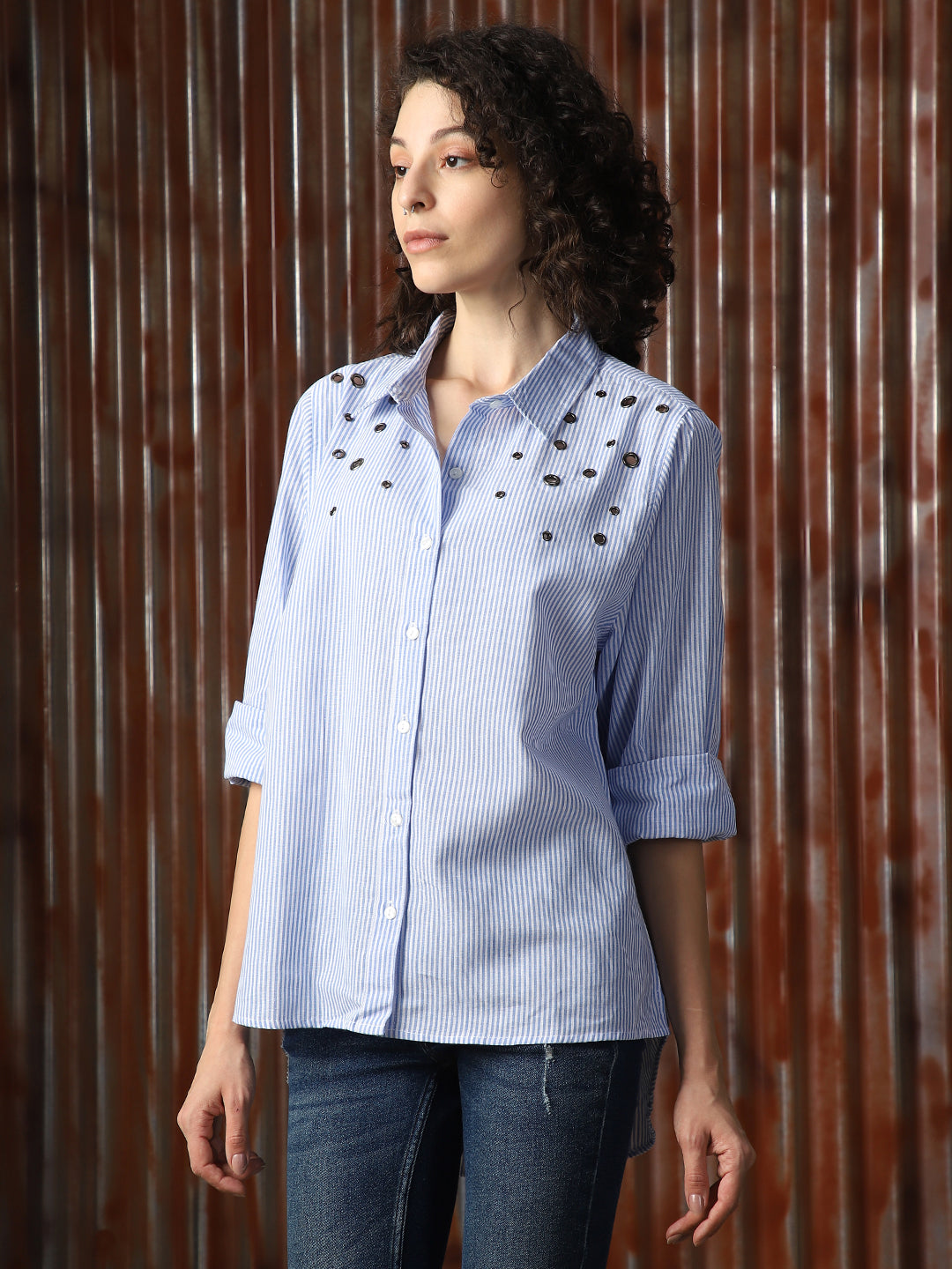 Women Solid Cotton Oversized Fit  Collar Long Sleeve Shirts