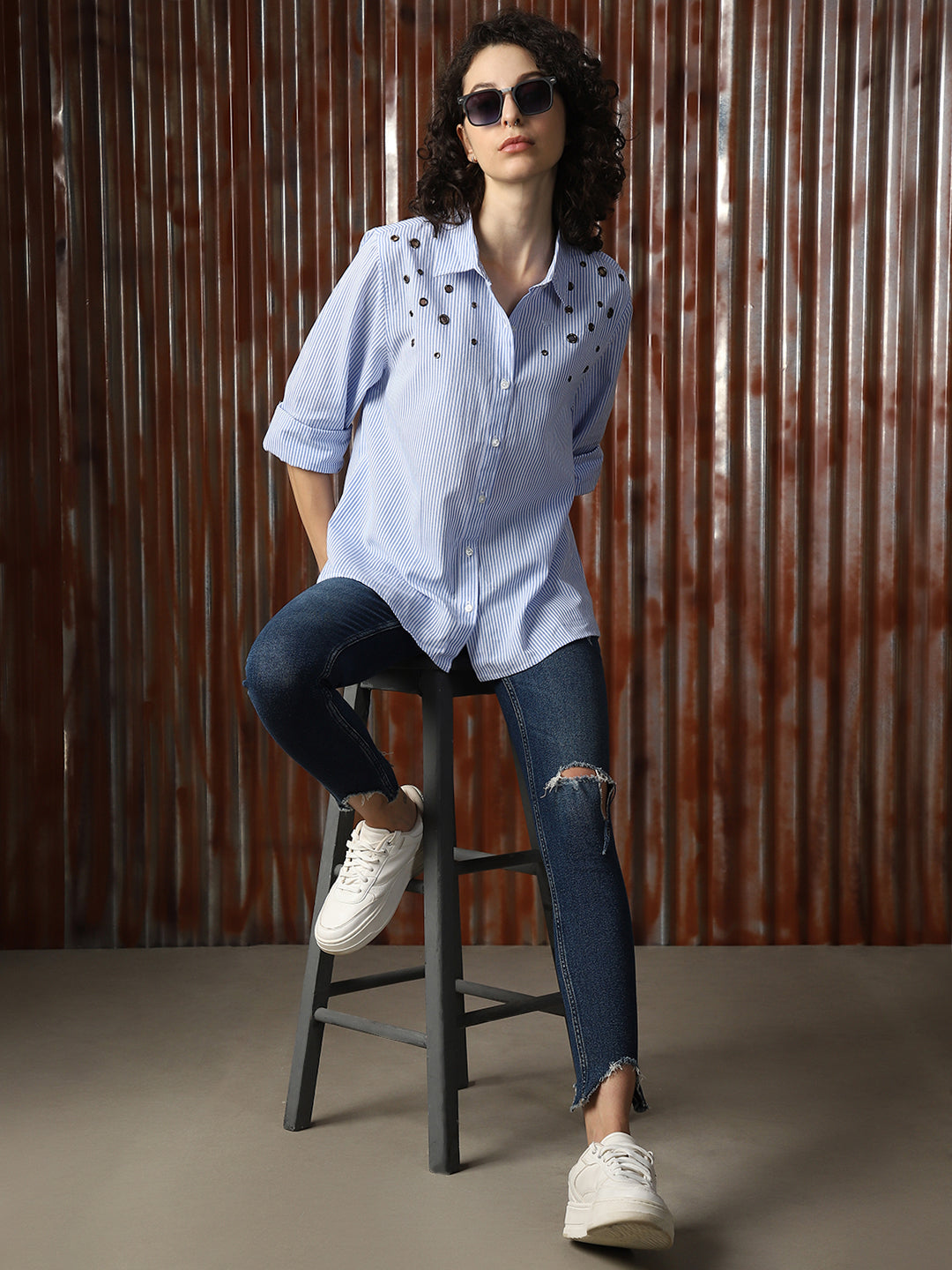 Women Solid Cotton Oversized Fit  Collar Long Sleeve Shirts