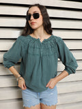 Round Neck Puff Sleeves Lace-up Cotton Regular Top