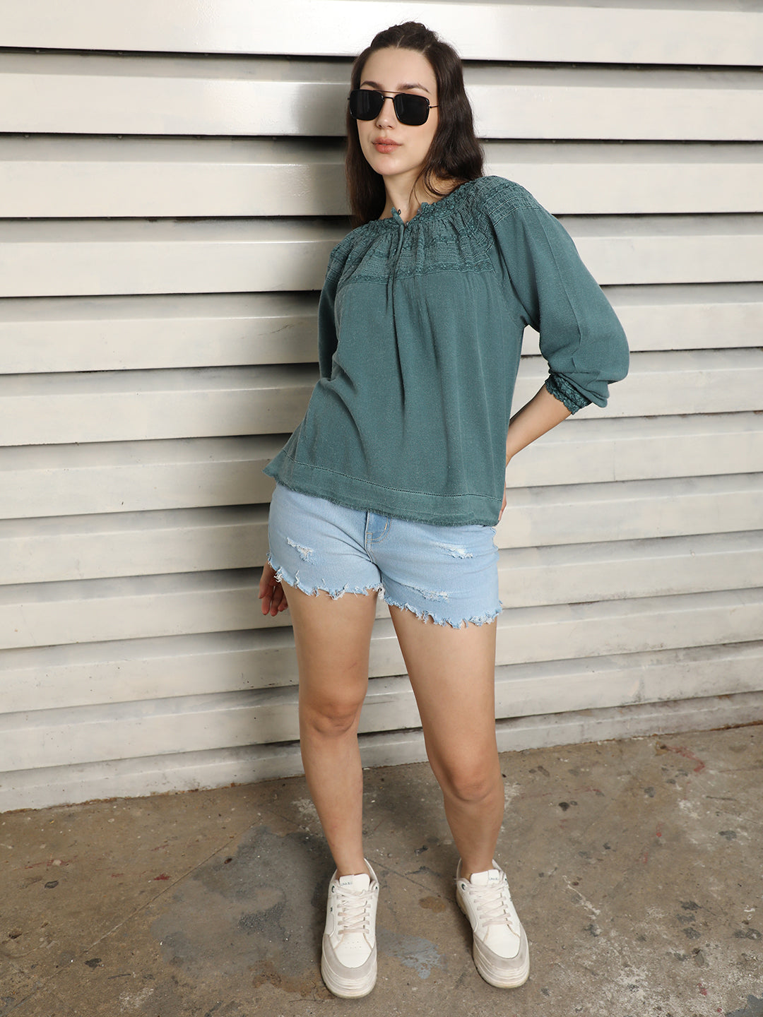 Round Neck Puff Sleeves Lace-up Cotton Regular Top