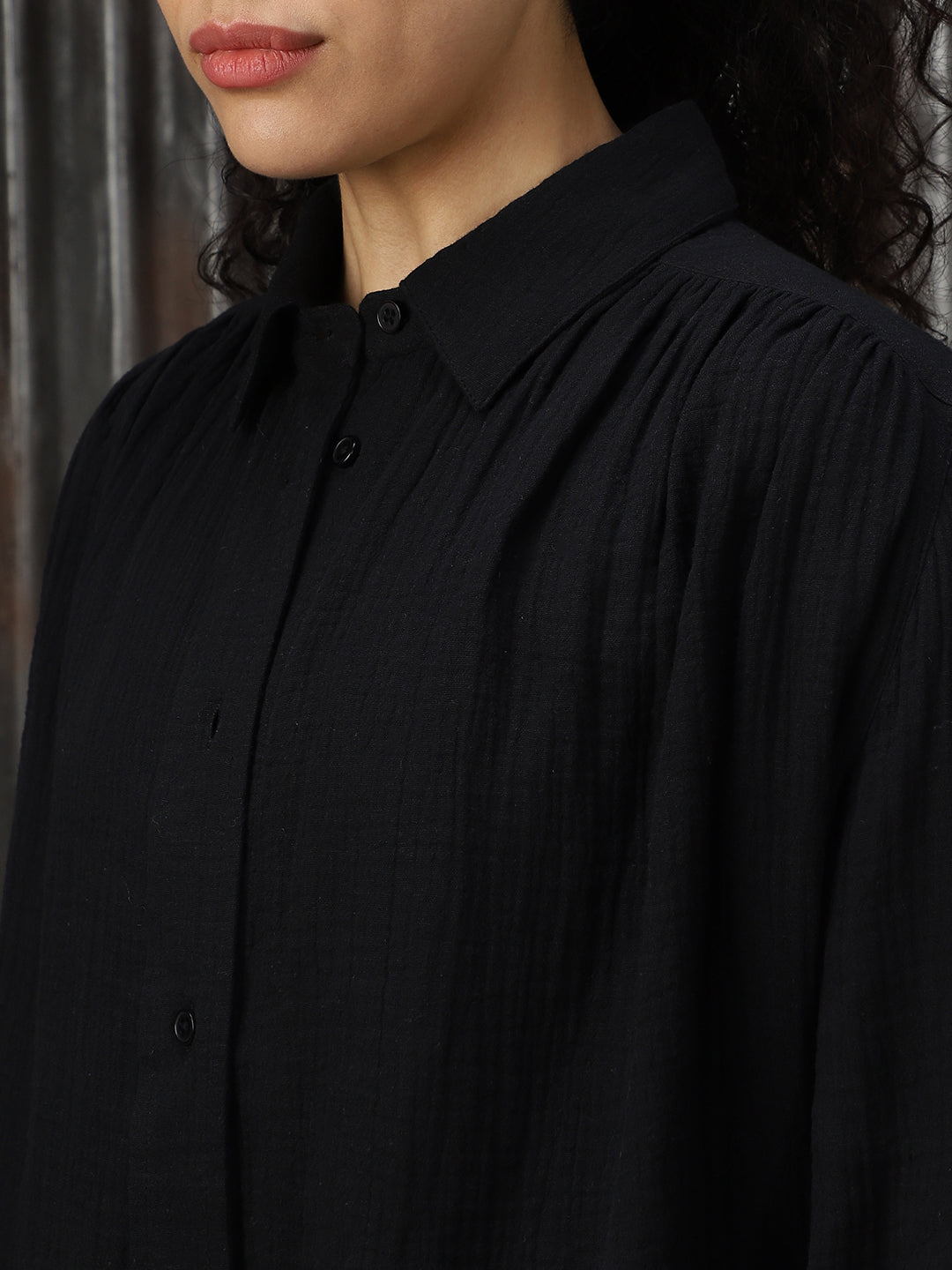 Women Solid Cotton Relaxed Fit  Collar Long Sleeve Shirts