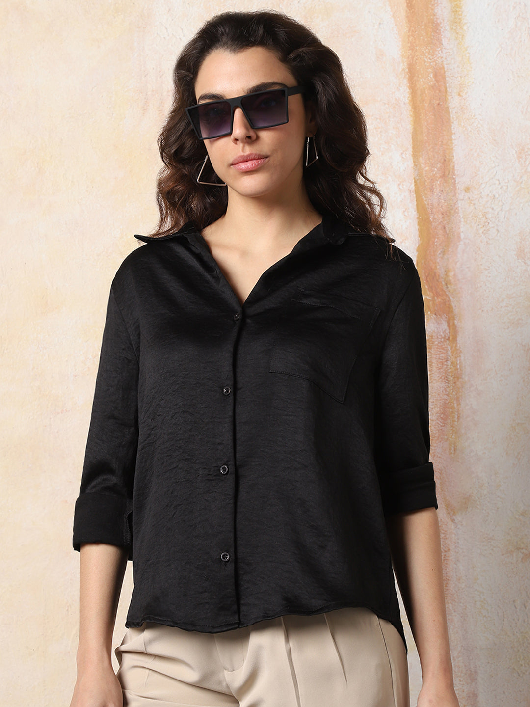 High Star Women Solid Boxy Spread Collar Long Sleeves Shirts