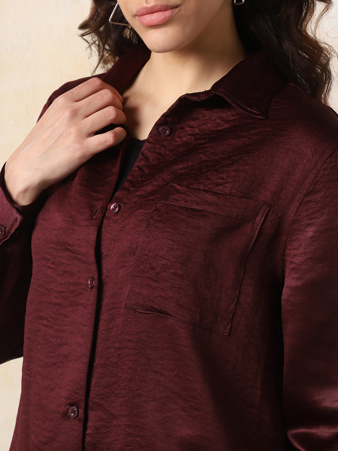 High Star Women Solid Boxy Spread Collar Long Sleeves Shirts