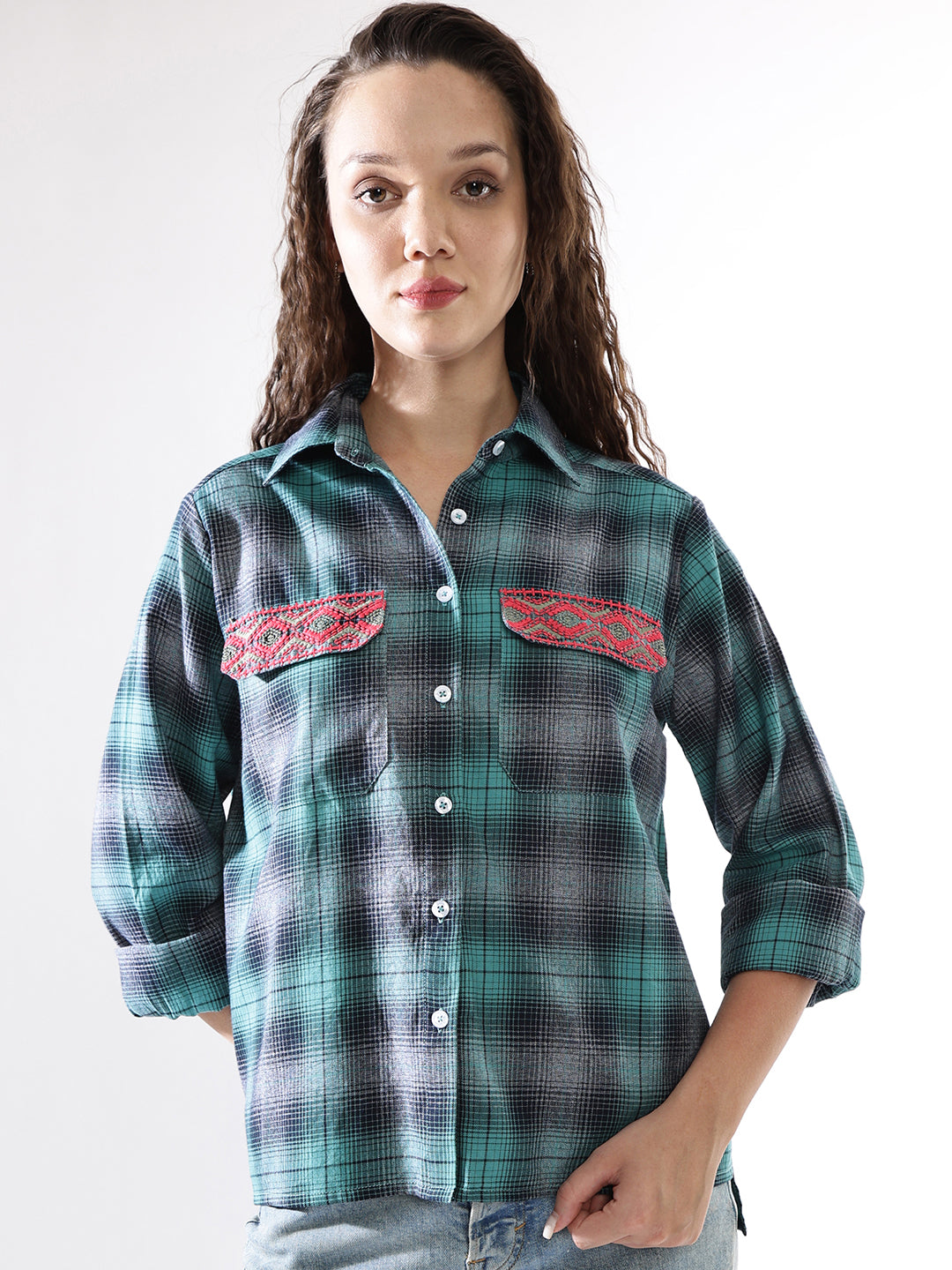 High Star Women Embroidered Relaxed Fit  Spread Collar Regular Sleeves Shirts