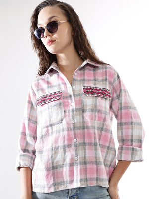 High Star Women Embroidered Relaxed Fit  Spread Collar Regular Sleeves Casual Shirts