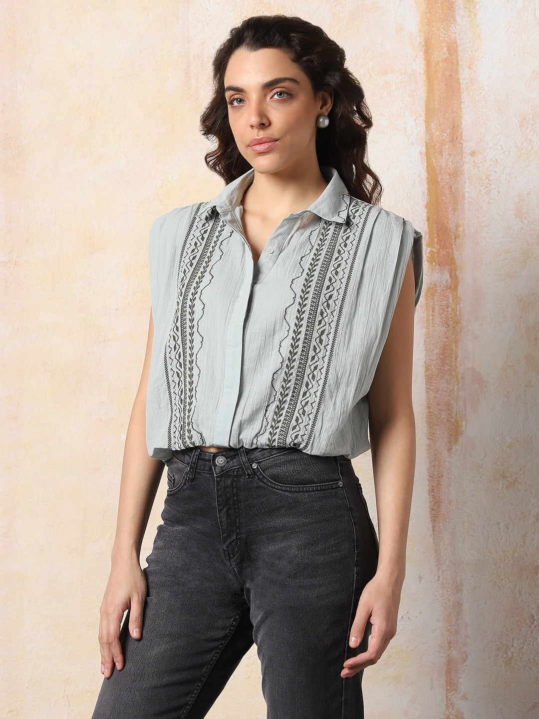 High Star Women Embroidered Relaxed Fit Spread Collar Cap Sleeves Shirts