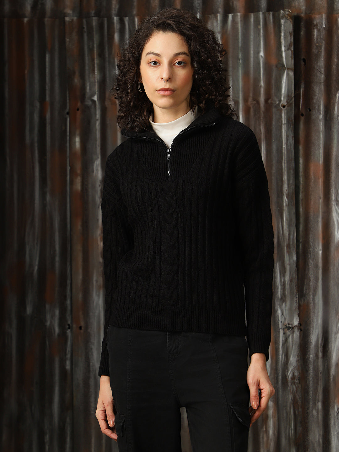 High Star Women Pullover with Zip Detail Cabel Knit