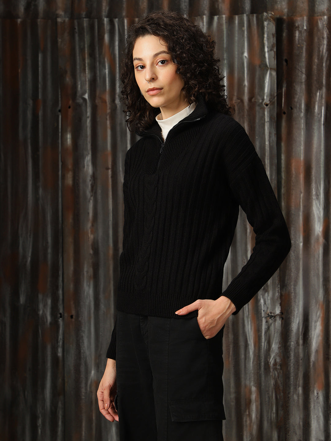 High Star Women Pullover with Zip Detail Cabel Knit