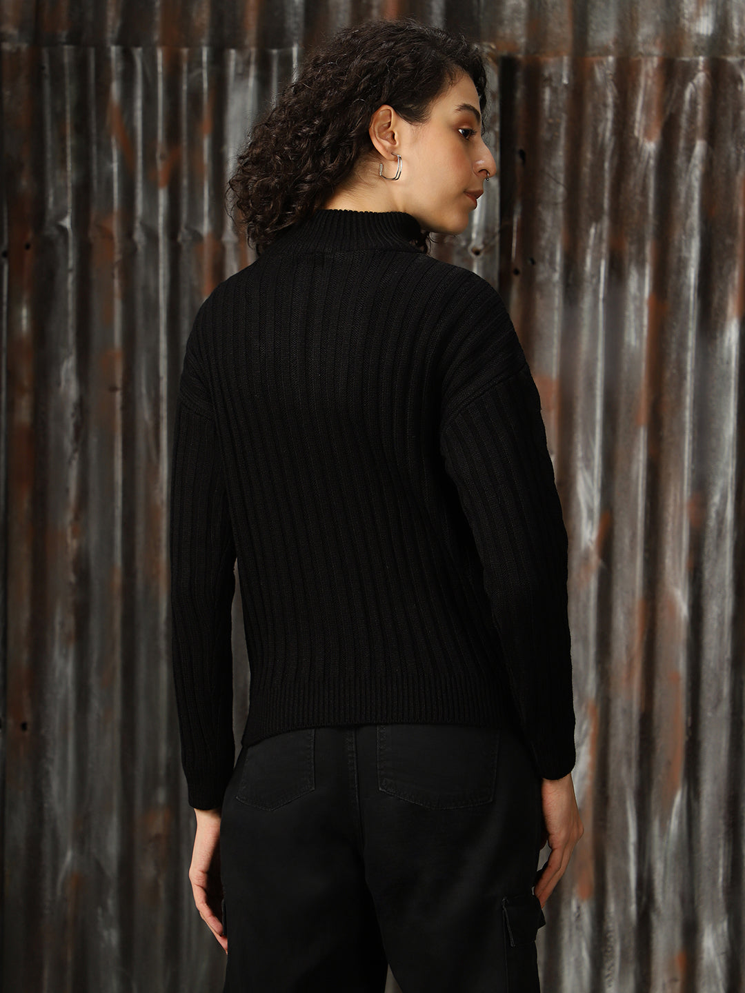 High Star Women Pullover with Zip Detail Cabel Knit