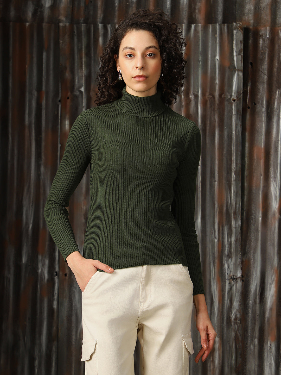 High Star Women Turtle Neck Solid Ribbed Pullover