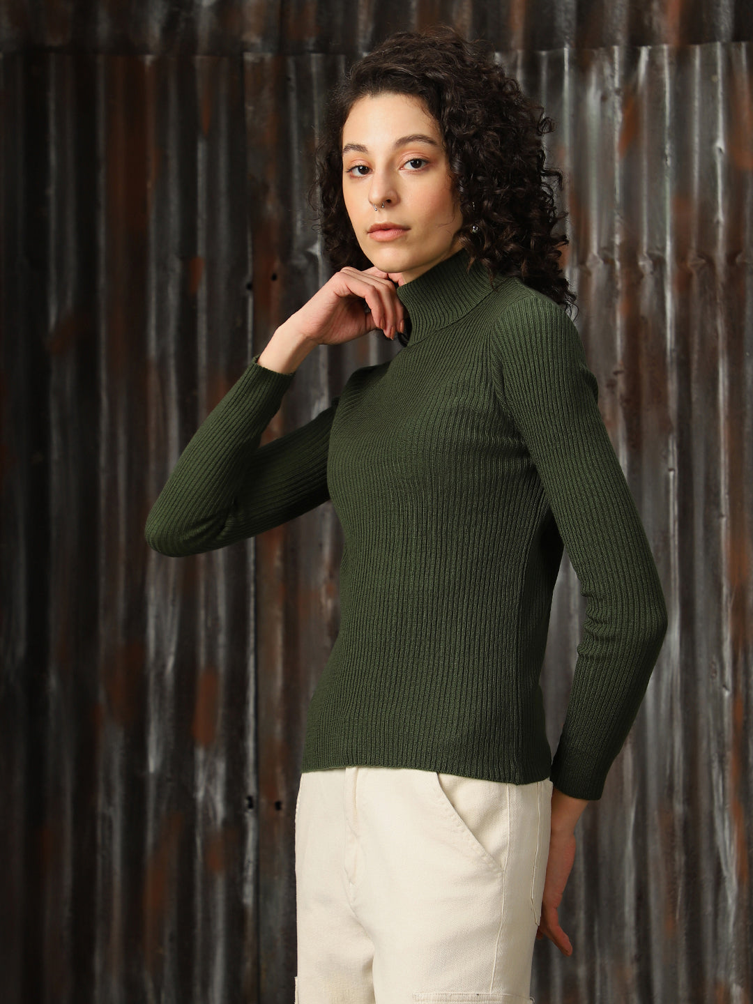 High Star Women Turtle Neck Solid Ribbed Pullover