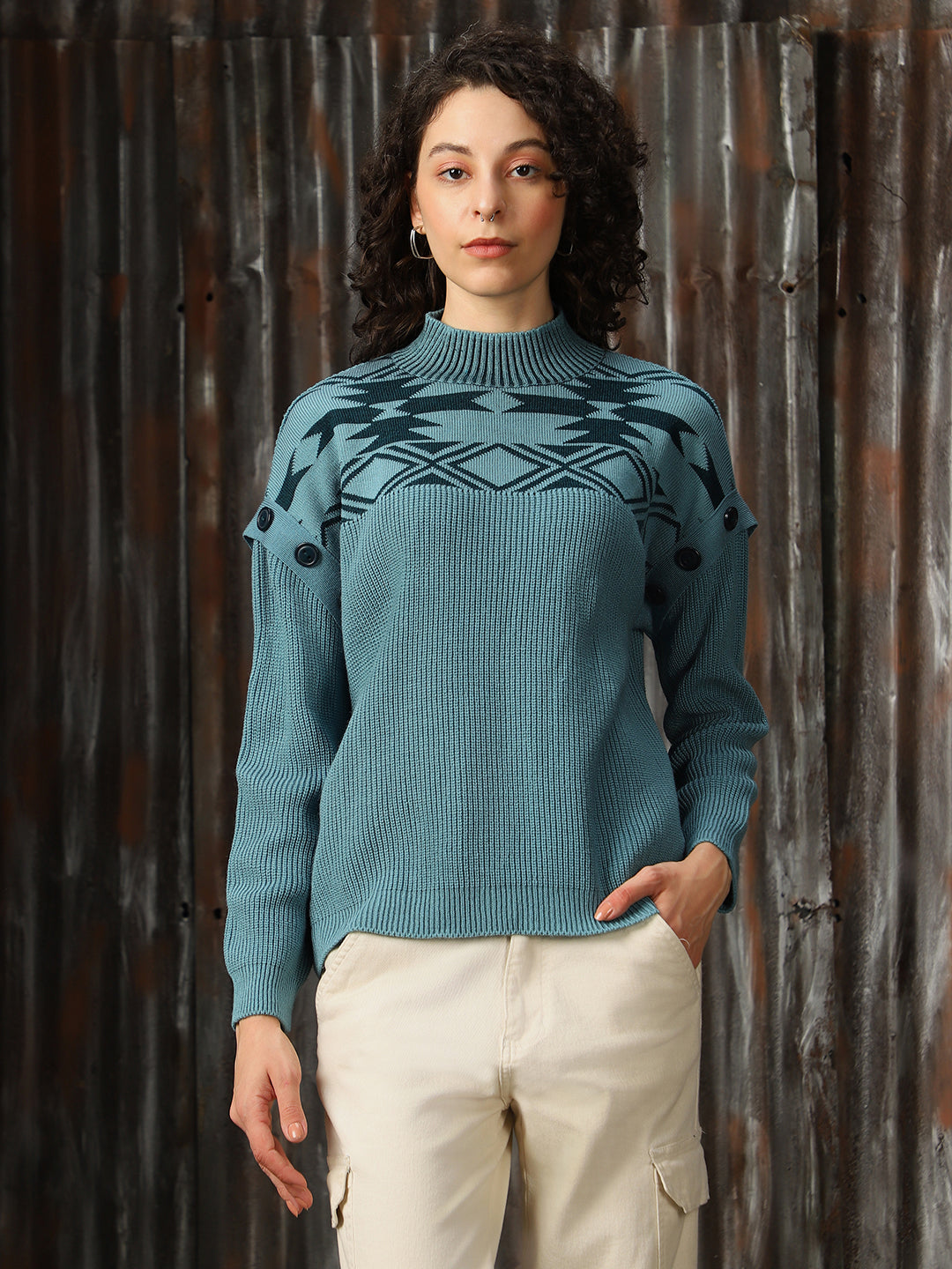 High Star Women Abstract pattern High Neck Pullover