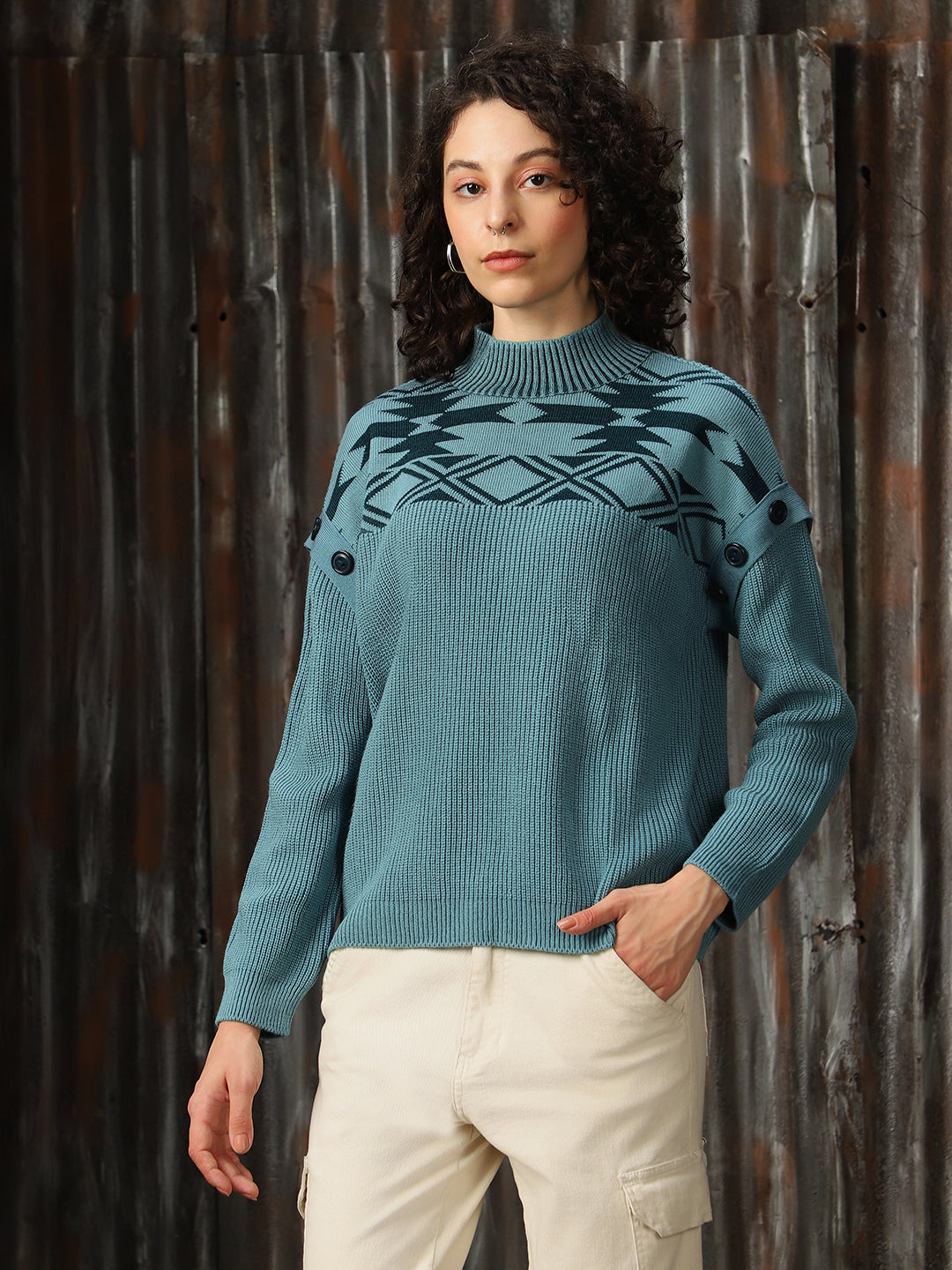High Star Women Abstract pattern High Neck Pullover
