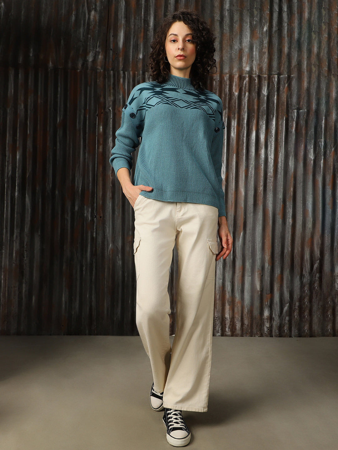 High Star Women Abstract pattern High Neck Pullover