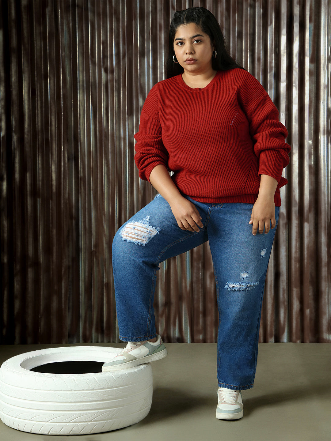 High Star Plus Size Women Striped Pullover