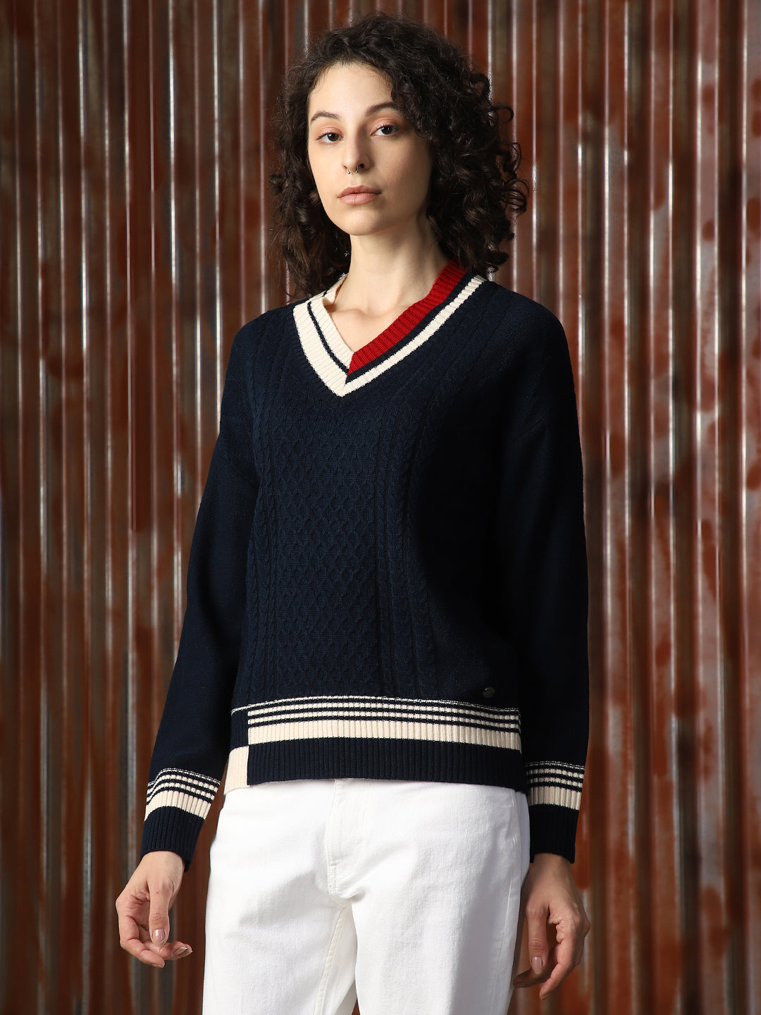 Women Knitted Acrylic Regular Fit  V Neck Long Sleeve Sweaters