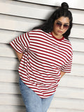 Plus Size Striped Drop-Shoulder Sleeves Oversized Cotton T-shirt