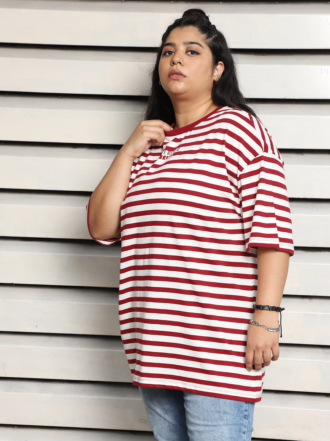 Plus Size Striped Drop-Shoulder Sleeves Oversized Cotton T-shirt