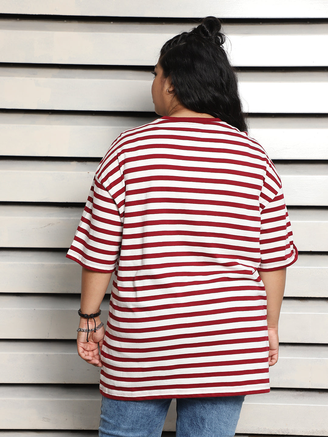 Plus Size Striped Drop-Shoulder Sleeves Oversized Cotton T-shirt