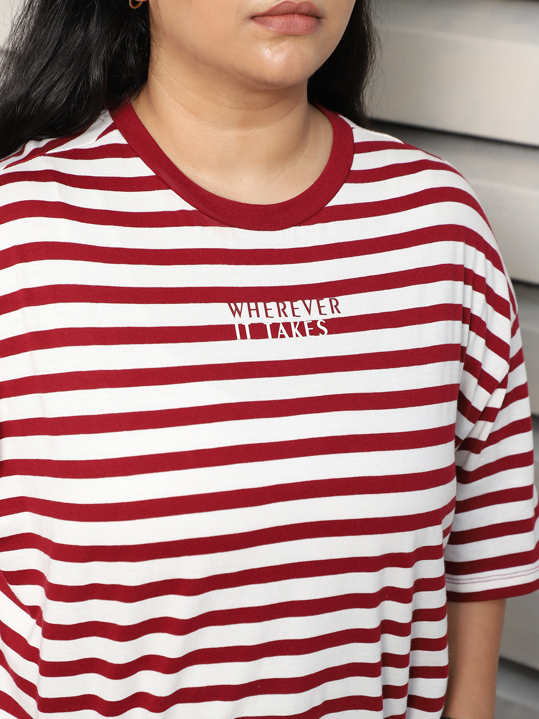 Plus Size Striped Drop-Shoulder Sleeves Oversized Cotton T-shirt