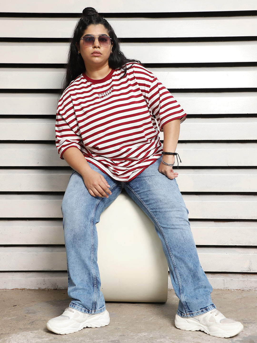 Plus Size Striped Drop-Shoulder Sleeves Oversized Cotton T-shirt