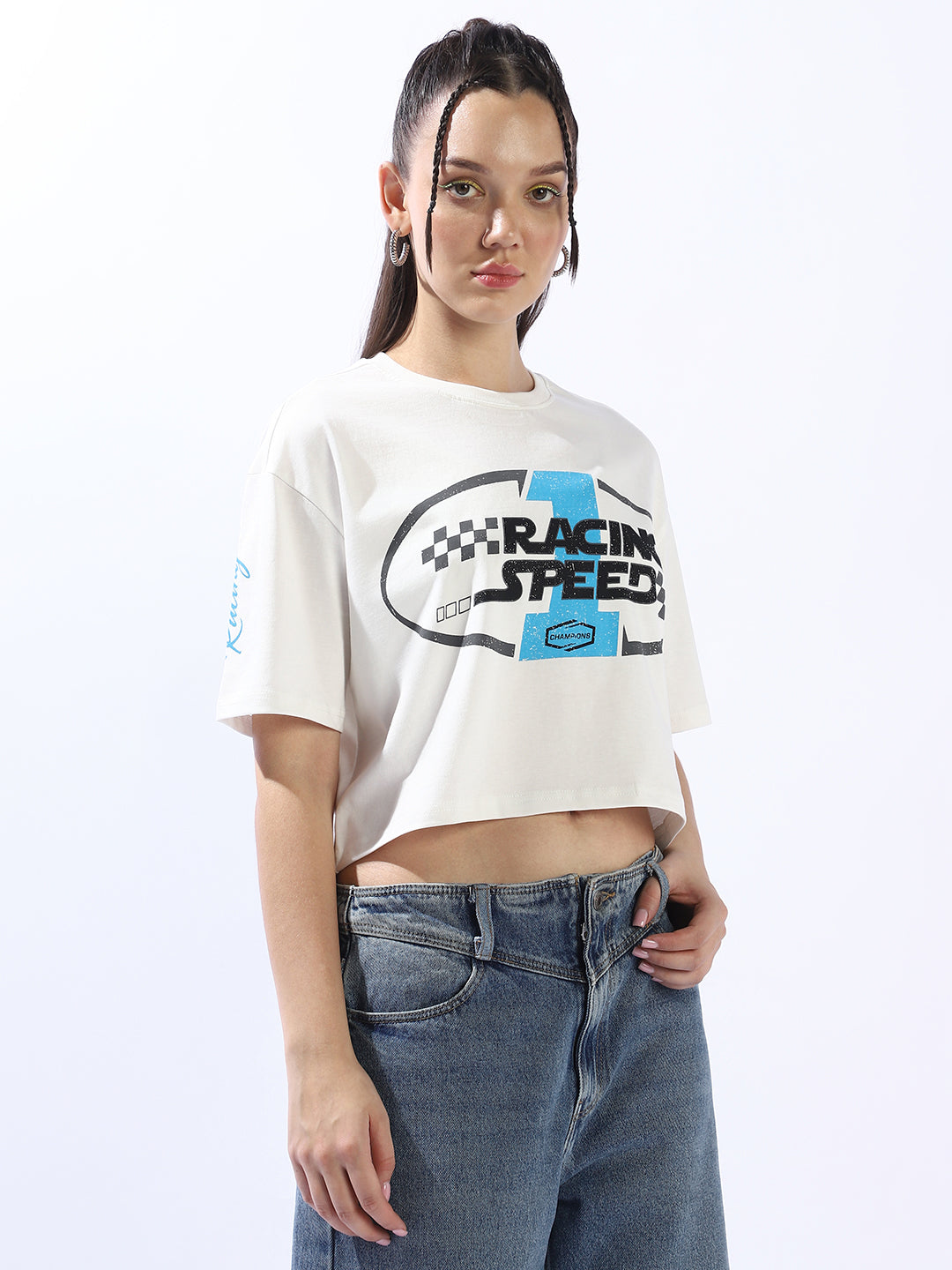 High Star Typography Printed Drop-Shoulder Sleeves Pockets Cotton T-shirt