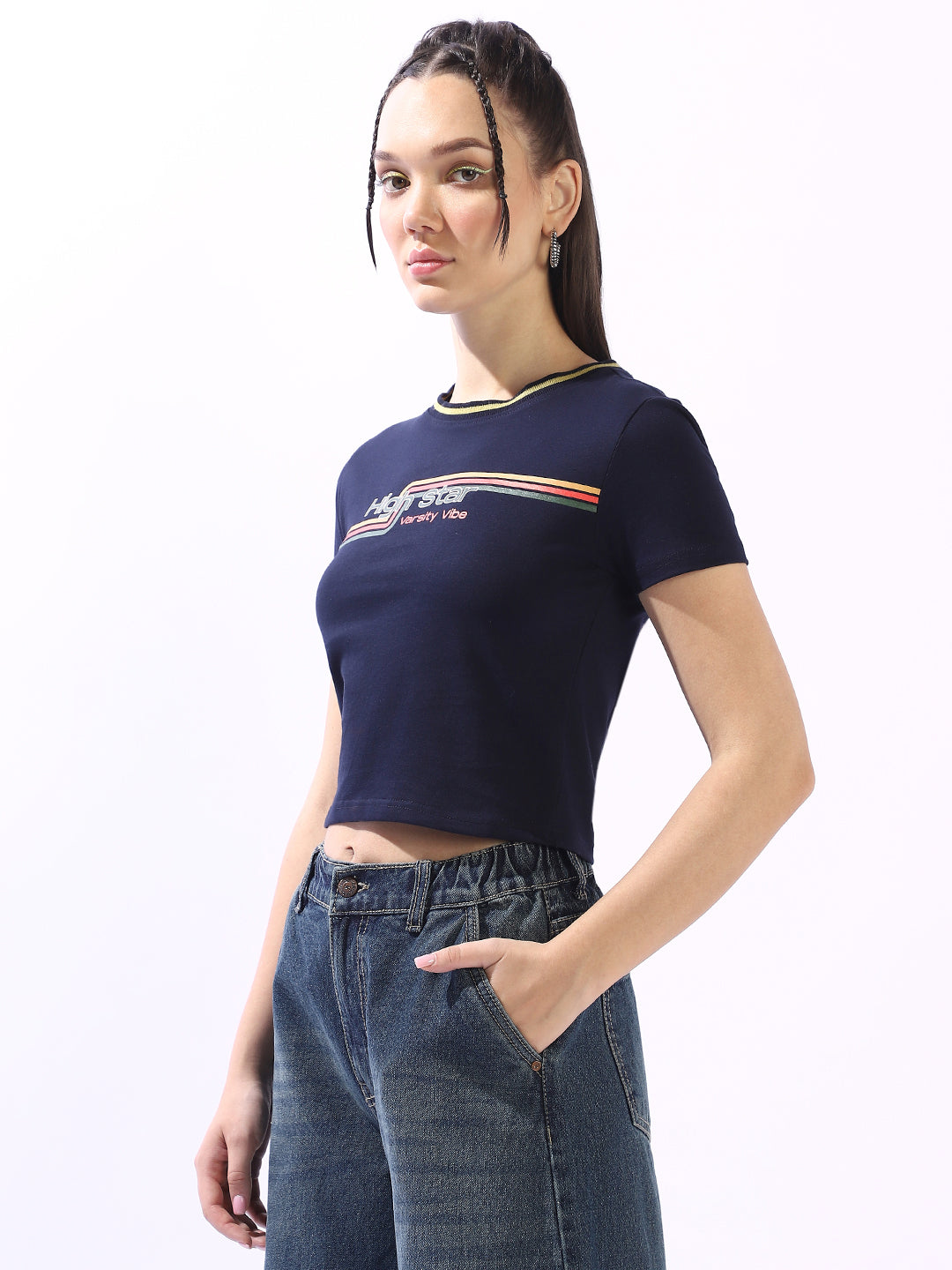 High Star Typography Printed Extended Sleeves Slim Fit Cotton T-shirt