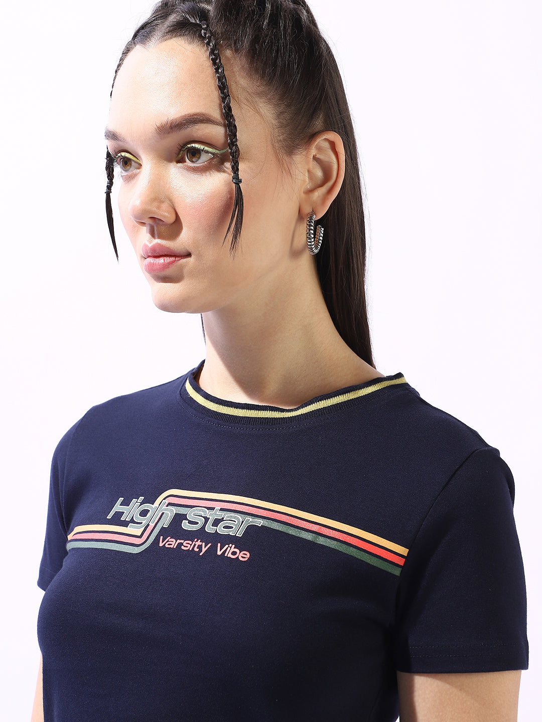 High Star Typography Printed Extended Sleeves Slim Fit Cotton T-shirt