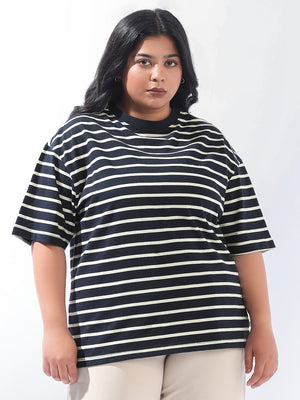 High Star Women Plus Stripes Oversized Fit Round Neck Half Sleeve Tshirts