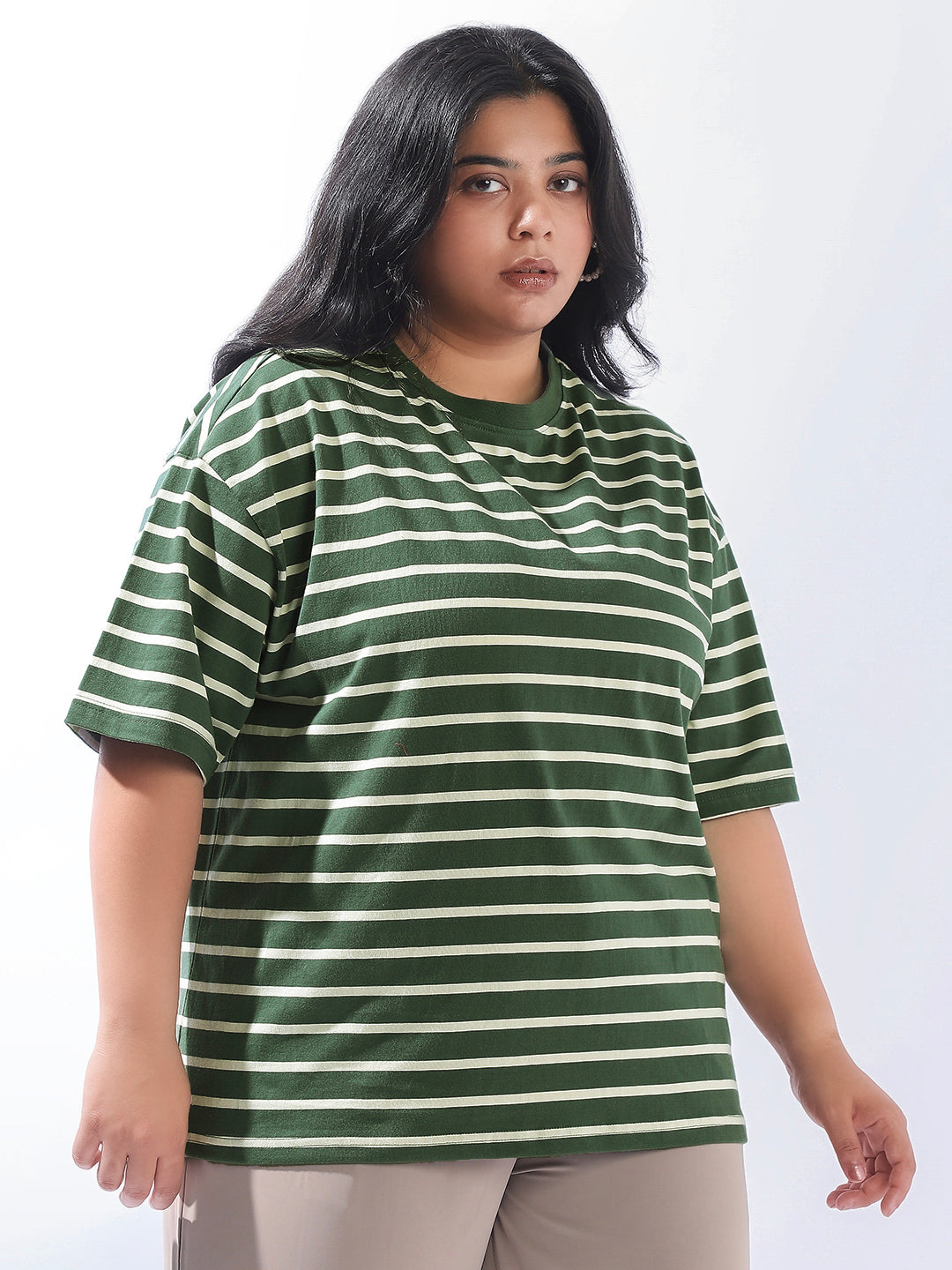 High Star Women Plus Stripes Oversized Fit Round Neck Half Sleeve Tshirts