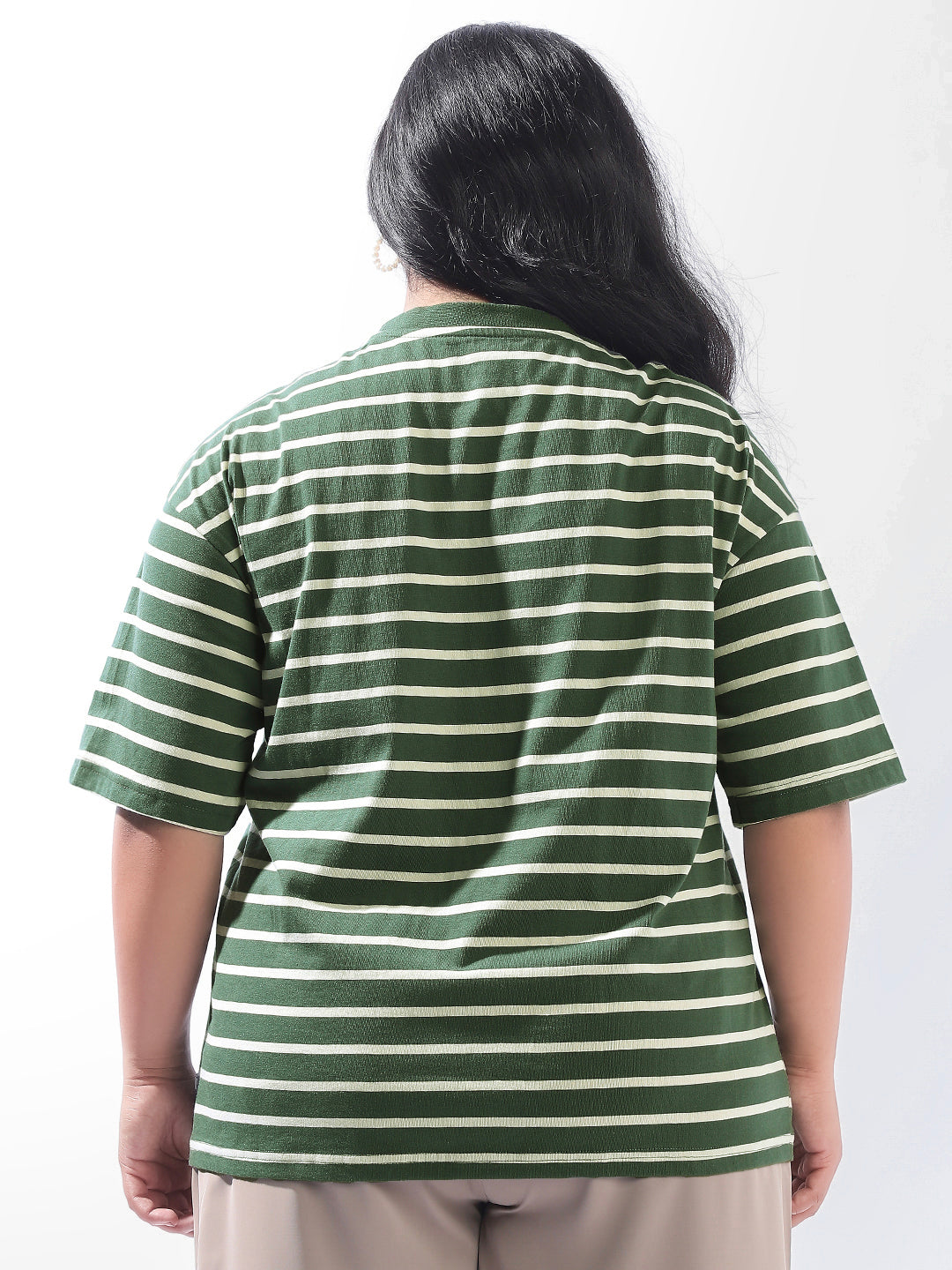 High Star Women Plus Stripes Oversized Fit Round Neck Half Sleeve Tshirts