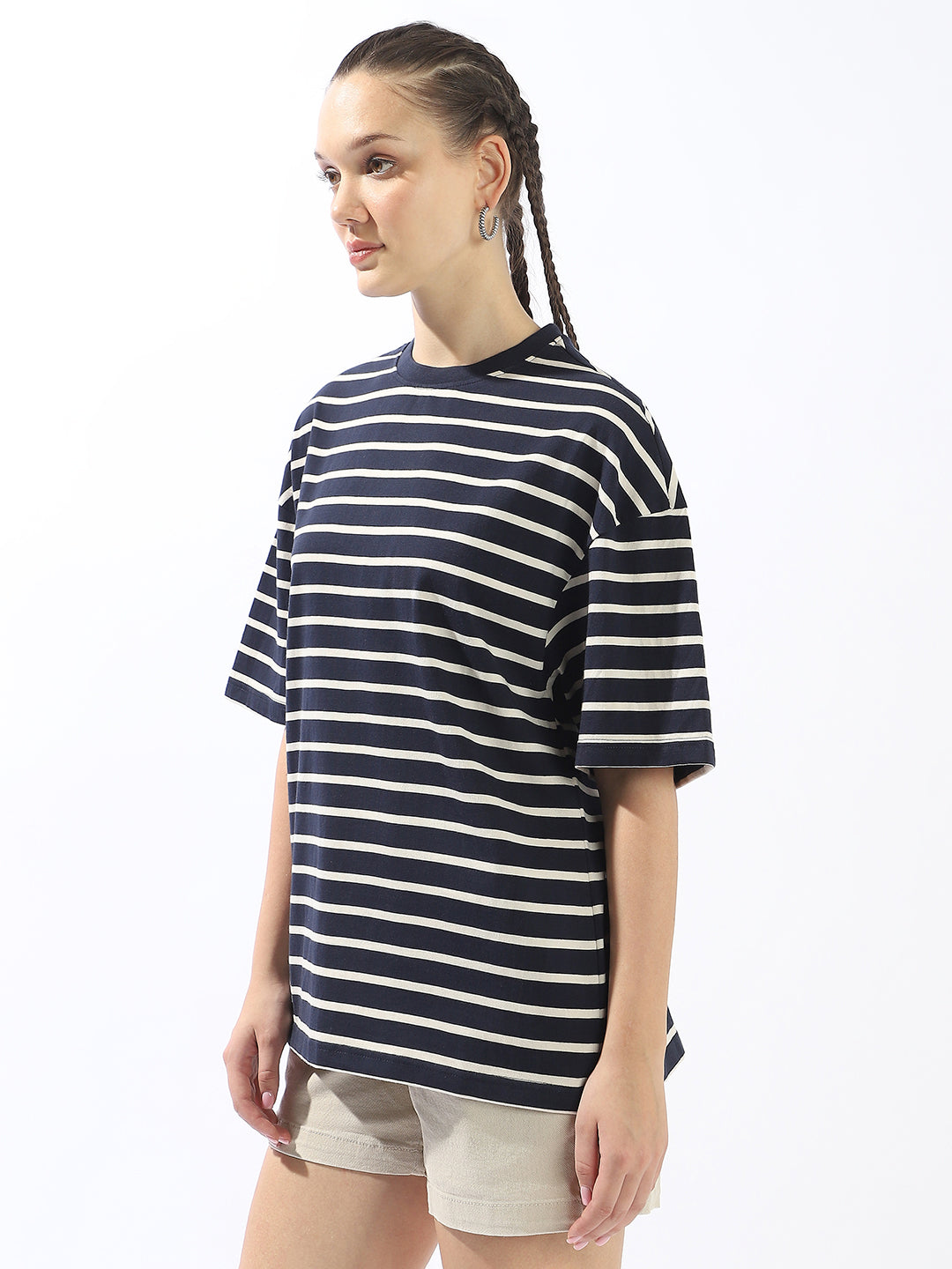 High Star Striped Drop-Shoulder Sleeves Monochrome Cotton T-shirt