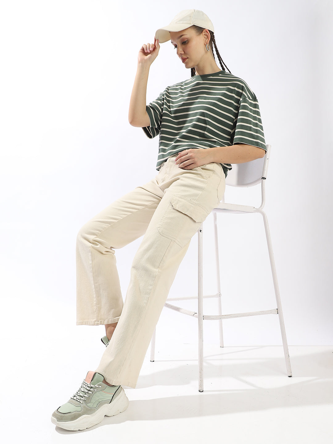 High Star Striped Extended Sleeves Monochrome Cotton T-shirt