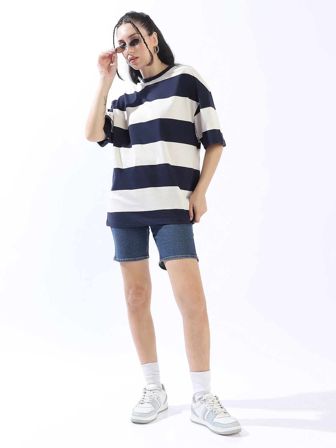 High Star Striped Round Neck Short Sleeves Oversized Cotton T-shirt