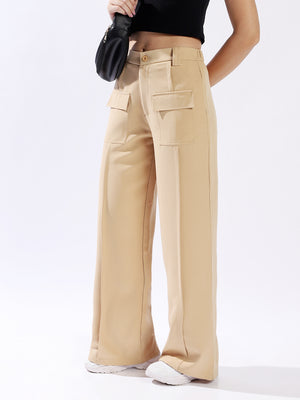 High Star Women Polyester Wide Leg High-Rise Casual Trousers