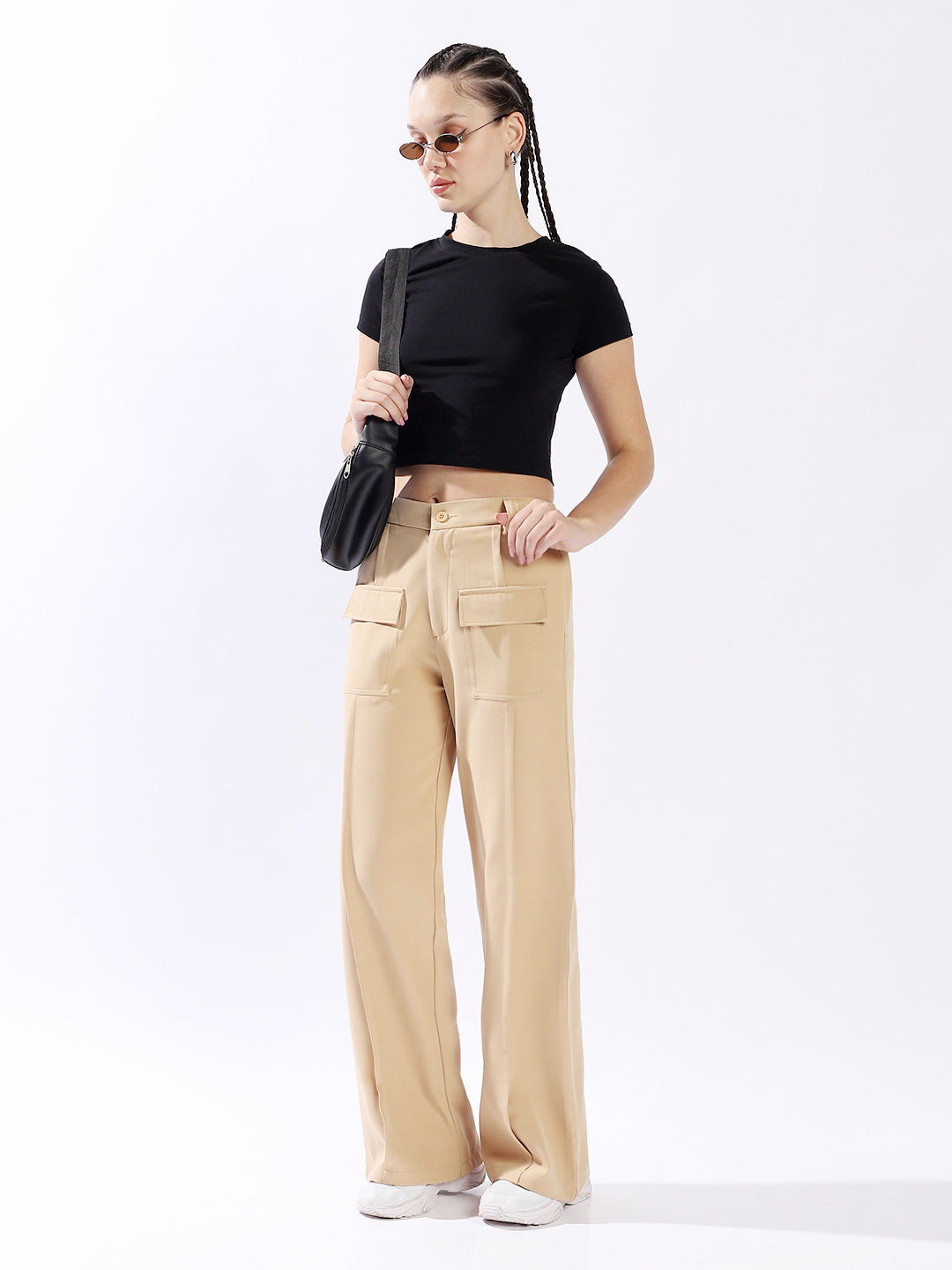 High Star Women Polyester Wide Leg High-Rise Casual Trousers