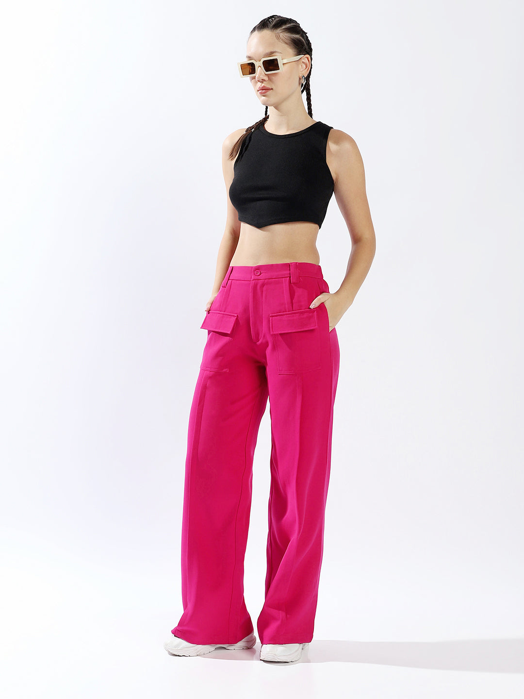 High Star Women Polyester Wide Leg High-Rise Casual Trousers