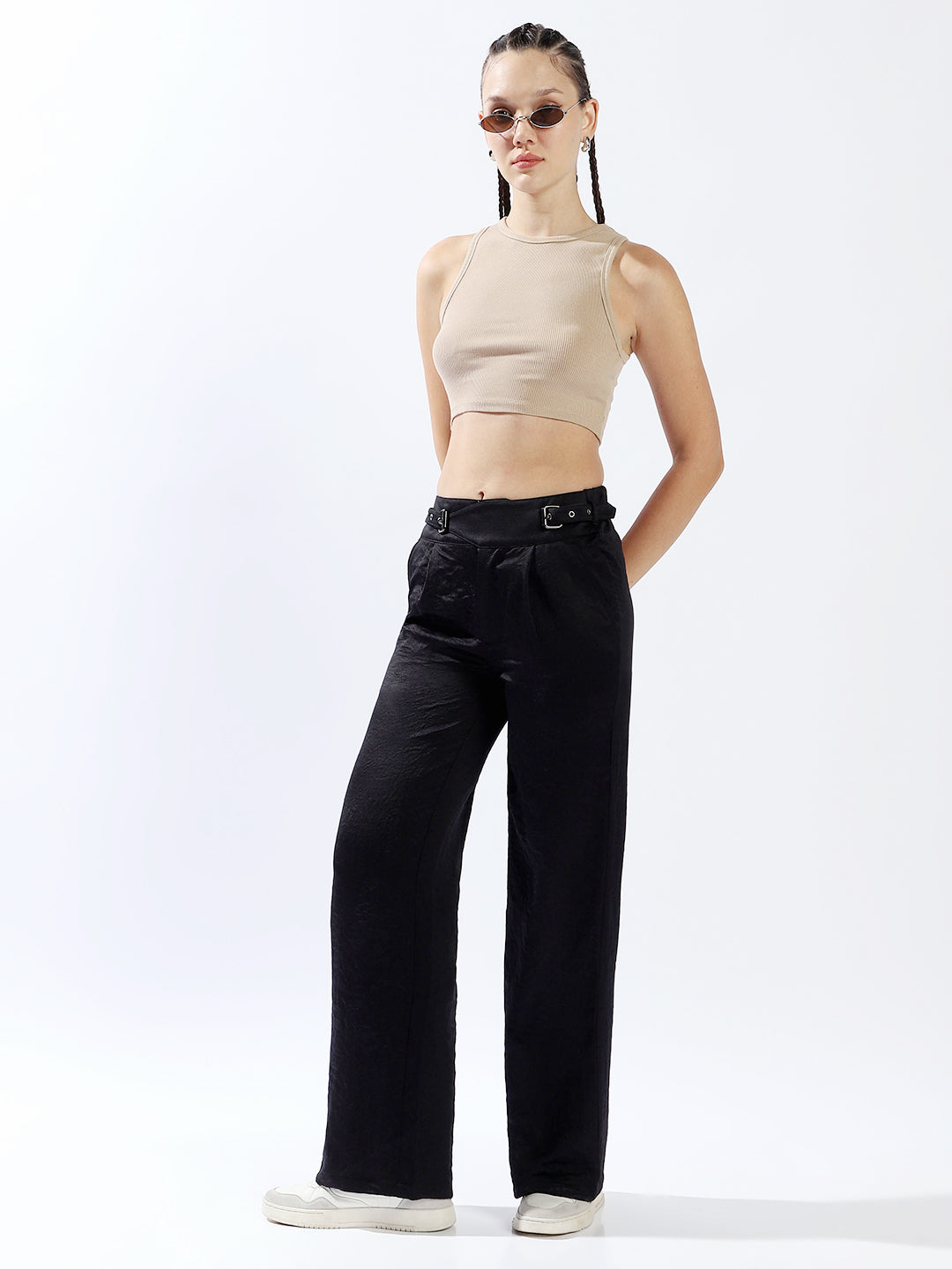 High star Women Polyester Wide Leg High-Rise Casual Trousers