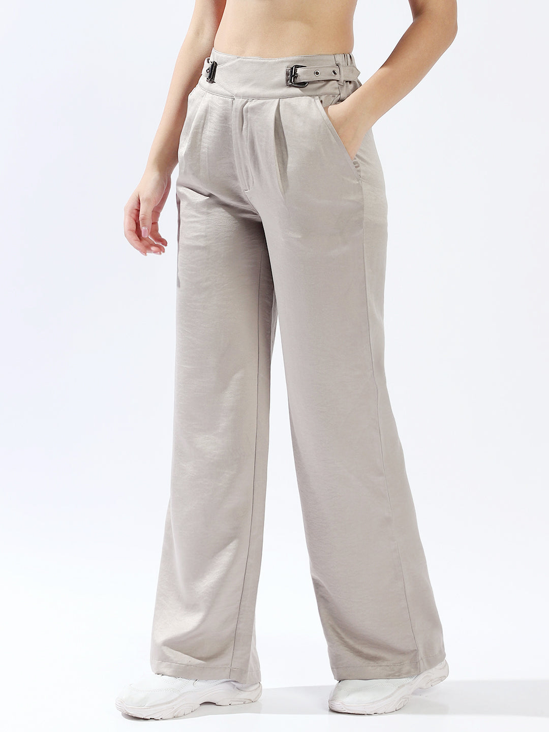 High star Women Polyester Wide Leg High-Rise Casual Trousers