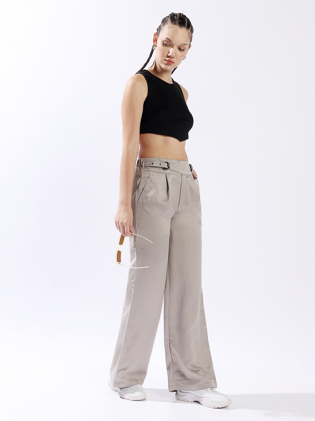 High star Women Polyester Wide Leg High-Rise Casual Trousers