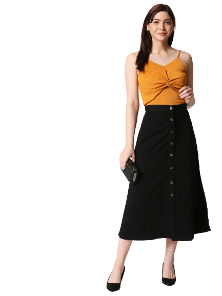 Women Black Solid A-Line Midi Denim Skirt